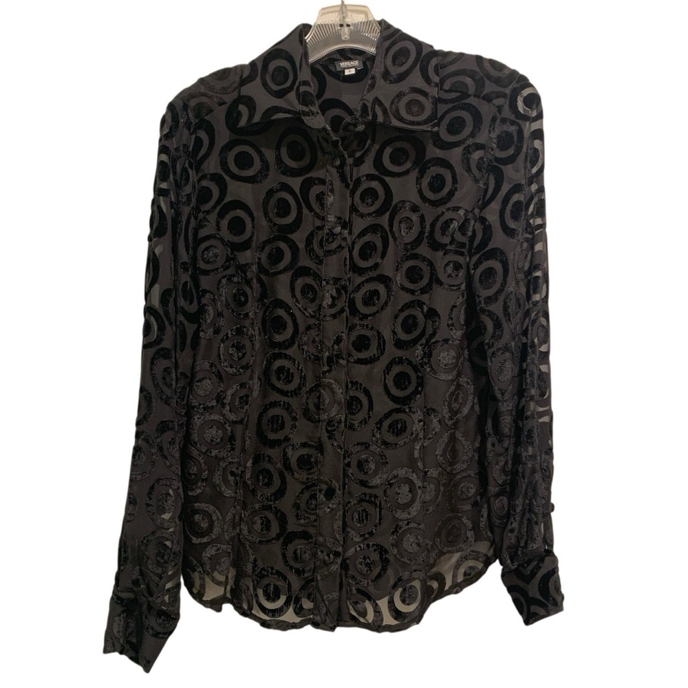 Versace Jeans Couture Top Womens Small Black Velvet Burnout Button‎ Down Shirt